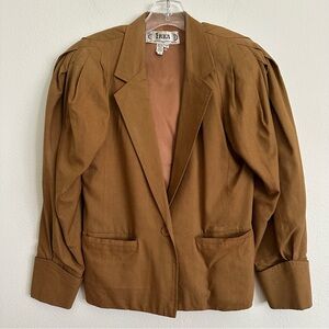 IRKA Vintage 80s Pleated Shoulder Crop Blazer Jacket Sz 4 Tasar Silk Mud Brown